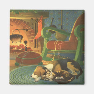 Vintage Christmas, Sleeping Animals by Fireplace Magnet