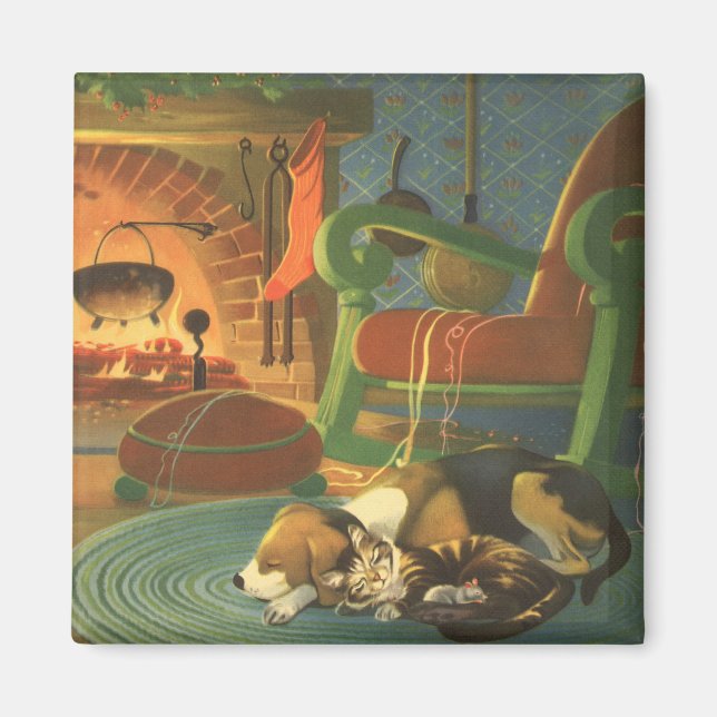 Vintage Christmas, Sleeping Animals by Fireplace Magnet (Front)