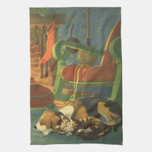 Vintage Christmas, Sleeping Animals by Fireplace Tea Towel