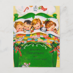 Vintage Christmas sleeping kids Holiday postcard