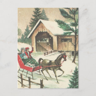 Vintage Christmas Sleigh Ride Holiday Postcard