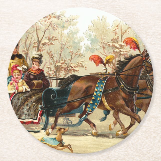 Vintage Christmas Sleigh Ride Round Paper Coaster (Front)