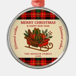 Vintage Christmas Sleigh with Gifts and Plaid  Metal Ornament