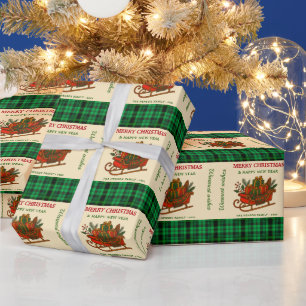 Vintage Christmas Sleigh with Gifts and Plaid  Wrapping Paper