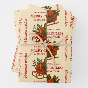 Vintage Christmas Sleigh with Gifts Personalised Wrapping Paper Sheet