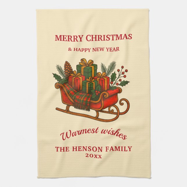 Vintage Christmas Sleigh with Gifts  Tea Towel (Vertical)