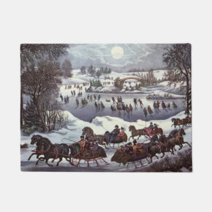 Vintage Christmas Sleighs, Central Park in Winter Doormat