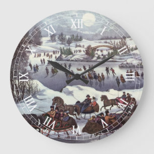 Vintage Christmas Sleighs, Central Park in Winter Large Clock