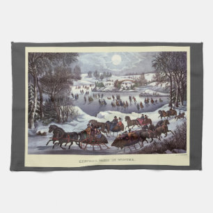 Vintage Christmas Sleighs, Central Park in Winter Tea Towel
