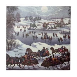 Vintage Christmas Sleighs, Central Park in Winter Tile
