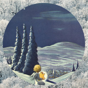 Vintage Christmas, Snow Angel Walking with a Star Classic Round Sticker