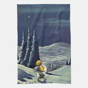 Vintage Christmas, Snow Angel Walking with a Star Tea Towel