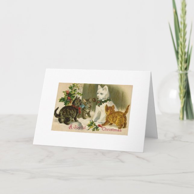 Vintage Christmas Snow Cat Greeting Card (Front)