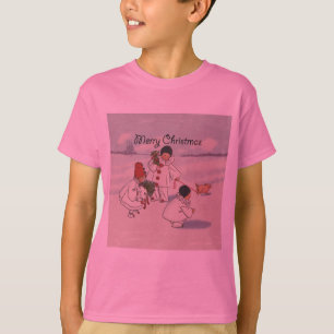 Vintage Christmas Snow Children Pig T-Shirt