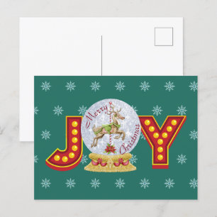 Vintage Christmas snow globe reindeer snowflakes Holiday Postcard