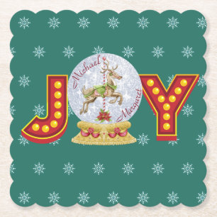 Vintage Christmas snow globe reindeer snowflakes  Paper Coaster