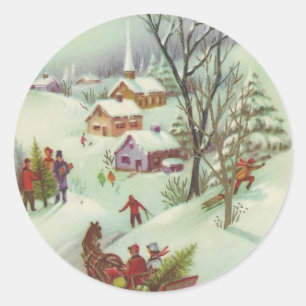 Vintage Christmas Snow Scene Classic Round Sticker