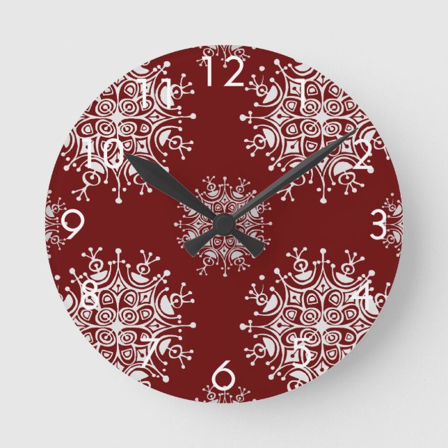 Vintage Christmas Snowflakes Red Blizzard Pattern Round Clock (Front)