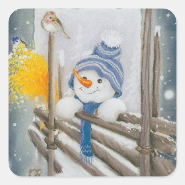 Vintage Christmas Snowman and Bird Square Sticker (Front)