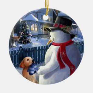 Vintage Christmas Snowman And Dog Ceramic Ornament