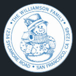 Vintage Christmas SnowMan Blue Ink Return Address Classic Round Sticker<br><div class="desc">Christmas family round return address sticker with your name and address in blue ink stylish typography with a pretty hand drawn vintage Christmas snowman on a white background. Simply add your name and address. Exclusively designed for you by Happy Dolphin Studio. If you need any help or matching products please...</div>