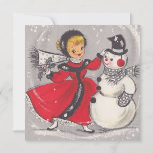 Vintage Christmas Snowman Dancing With Girl Holiday Card