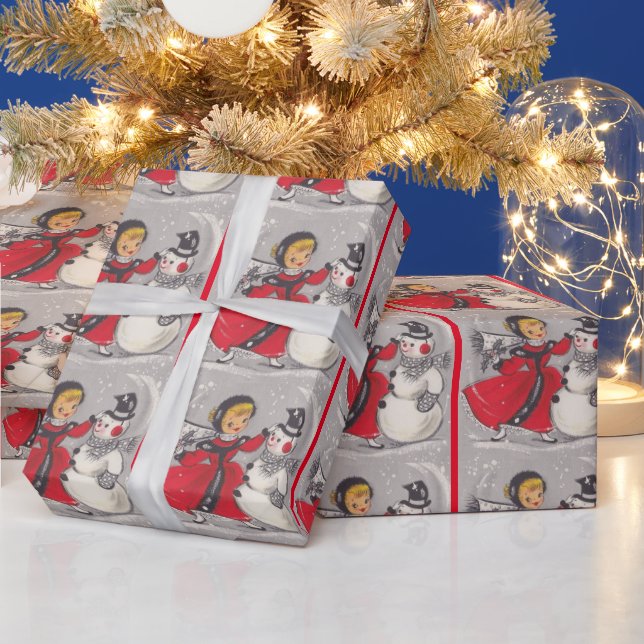 Vintage Christmas Snowman Dancing With Girl Wrapping Paper (Holidays)