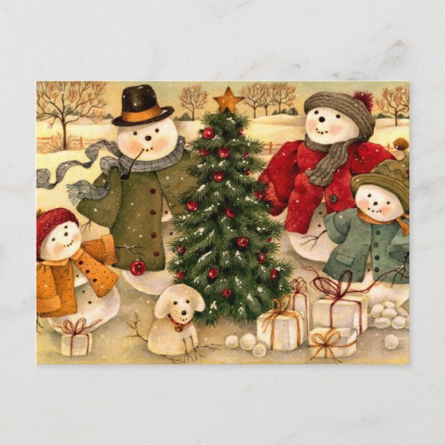Vintage Christmas, snowman family Holiday Postcard (Front)