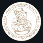 Vintage Christmas SnowMan Gold Ink Return Address Classic Round Sticker<br><div class="desc">Christmas family round return address sticker with your name and address in gold ink stylish typography with a pretty hand drawn vintage Christmas snowman on a white background. Simply add your name and address. Exclusively designed for you by Happy Dolphin Studio. If you need any help or matching products please...</div>