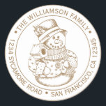 Vintage Christmas SnowMan Gold Ink Return Address Classic Round Sticker<br><div class="desc">Christmas family round return address sticker with your name and address in gold ink stylish typography with a pretty hand drawn vintage Christmas snowman on a white background. Simply add your name and address. Exclusively designed for you by Happy Dolphin Studio. If you need any help or matching products please...</div>