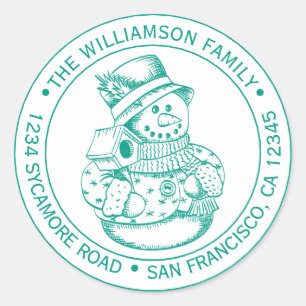 Vintage Christmas SnowMan Green Ink Return Address Classic Round Sticker