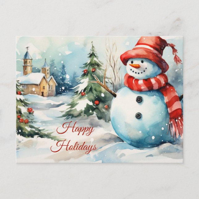 Vintage Christmas Snowman Illustration  Holiday Postcard (Front)