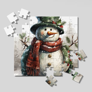 Vintage Christmas Snowman Jigsaw Puzzle Retro