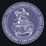 Vintage Christmas SnowMan Navy Blue Return Address Classic Round Sticker<br><div class="desc">Christmas family round return address sticker with your name and address in stylish typography with a pretty hand drawn vintage Christmas snowman on a navy blue background. Simply add your name and address. Exclusively designed for you by Happy Dolphin Studio. If you need any help or matching products please contact...</div>