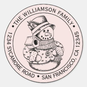 Vintage Christmas SnowMan Pink Return Address Classic Round Sticker