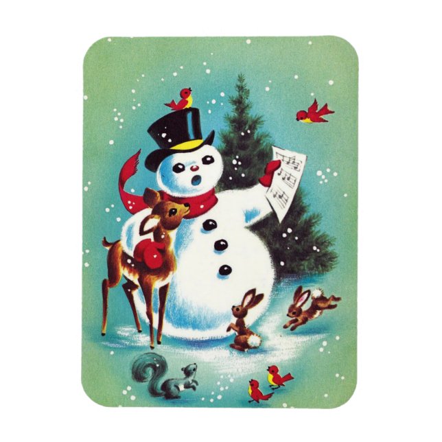 Vintage Christmas Snowman Playing With Animals Magnet (Vertical)