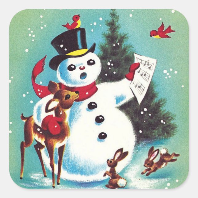 Vintage Christmas Snowman Playing With Animals Square Sticker (Front)