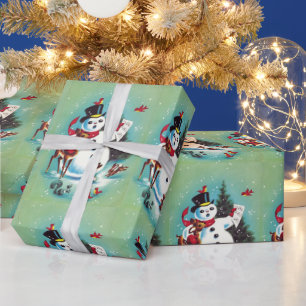 Vintage Christmas Snowman Playing With Animals Wrapping Paper