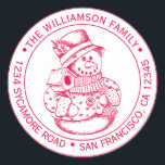 Vintage Christmas SnowMan Red Ink Return Address Classic Round Sticker<br><div class="desc">Christmas family round return address sticker with your name and address in red ink stylish typography with a pretty hand drawn vintage Christmas snowman on a white background. Simply add your name and address. Exclusively designed for you by Happy Dolphin Studio. If you need any help or matching products please...</div>