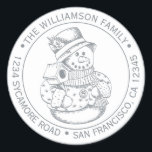 Vintage Christmas SnowMan Silver Return Address Classic Round Sticker<br><div class="desc">Christmas family round return address sticker with your name and address in silver ink stylish typography with a pretty hand drawn vintage Christmas snowman on a white background. Simply add your name and address. Exclusively designed for you by Happy Dolphin Studio. If you need any help or matching products please...</div>