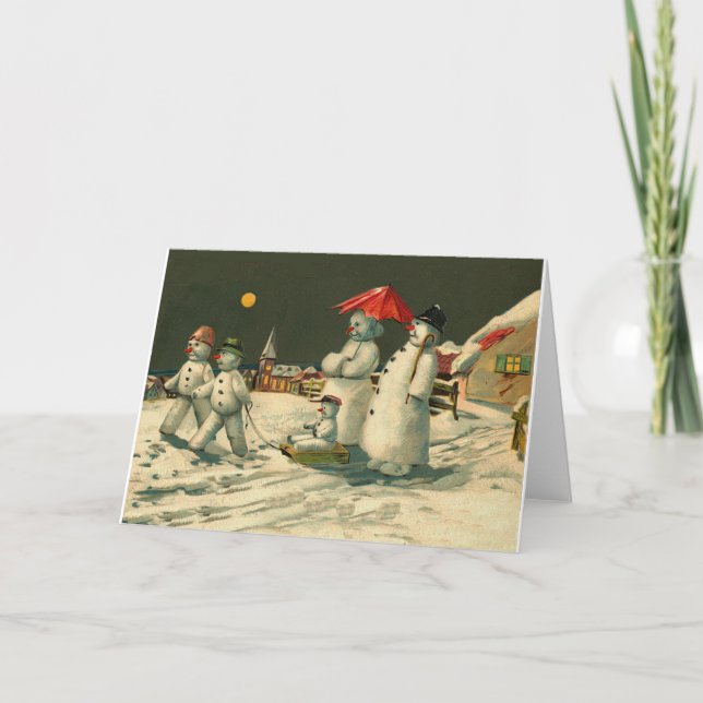 Vintage Christmas snowman snowmen family sledge Holiday Card (Front)
