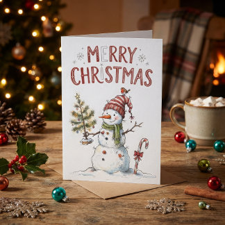 Vintage Christmas Snowman Watercolor Rustic Red Card