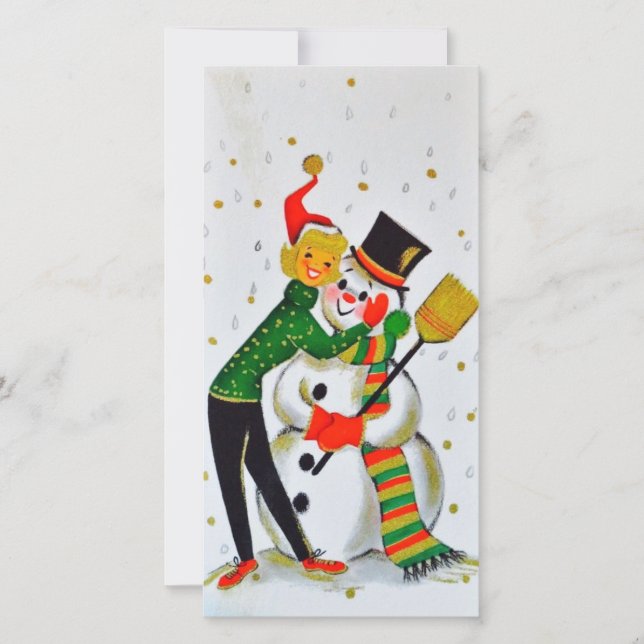 Vintage Christmas Snowman With Girl Holiday Card (Front)