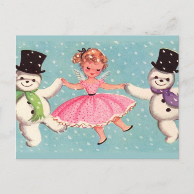 Vintage Christmas snowmen and Angel Holiday Postcard (Front)