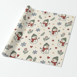 Vintage Christmas Snowmen Hearts Greenery Pattern Wrapping Paper