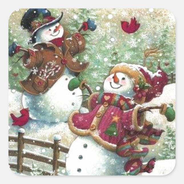 Vintage Christmas Snowmen Square Sticker (Front)