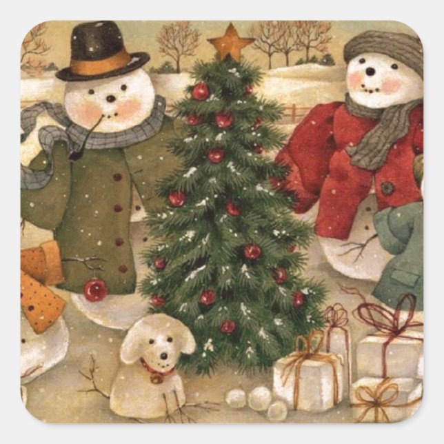 Vintage Christmas Snowmen Square Sticker (Front)
