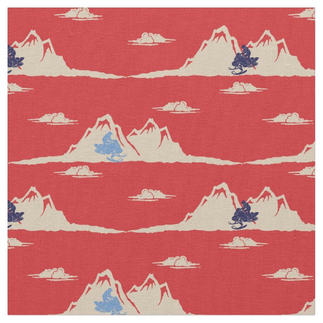 Vintage Christmas Snowmobiles and Mountains Fabric (Close Up)
