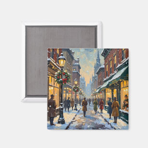 Vintage Christmas Snowy City Street Scene Magnet