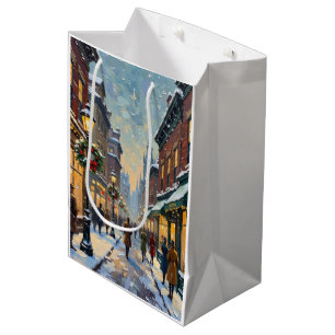 Vintage Christmas Snowy City Street Scene Medium Gift Bag